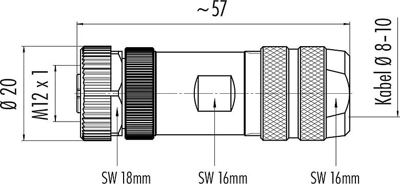 Maßzeichnung M12 Kabeldose, Polzahl: 5, 8,0-10,0 mm, schirmbar, schraubklemm, IP67, UL 2238, mit Schirmring