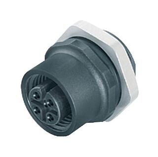 M12 Female panel mount connector, Contacts: 4, unshielded, solder, IP67, UL 2238, PG 9, Front mounting