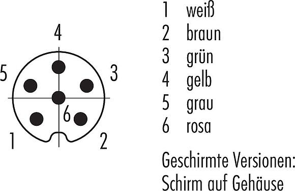Polbild (Steckseite) M8 Kabelstecker, Polzahl: 6, geschirmt, am Kabel angespritzt, IP67, UL 2238, PUR, schwarz, 6 x 0,25 mm², 2 m