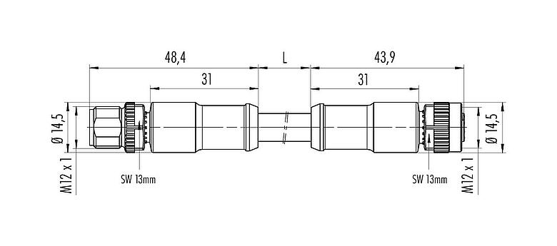 Maßzeichnung M12 Kabelstecker - Kabeldose, Polzahl: 4, ungeschirmt, am Kabel angespritzt, IP68, PUR, schwarz, 4 x 1,50 mm², 2 m