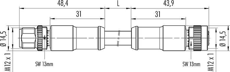 Disegno in scala M12 Connettore cavo maschio - connettore cavo femmina, Numero poli: 4, non schermato, stampato sul cavo, IP68, PUR, nero, 4 x 1,50 mm², 2 m