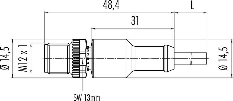 Výkres v měřítku M12 Zástrčka kabelu, : 5, nestíněný, vylisované na kabelu, IP68/IP69K, PUR, černá, 5 x 0,34 mm², pro svařovací aplikace, 2 m