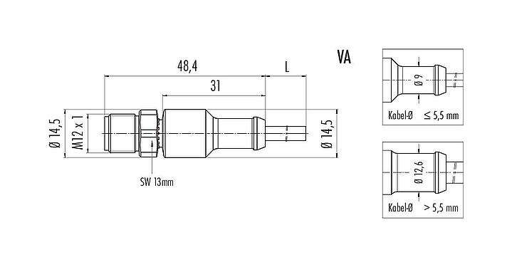 Maßzeichnung M12 Kabelstecker, Polzahl: 12, ungeschirmt, am Kabel angespritzt, IP67/IP69K, UL 2238, PUR, schwarz, 12 x 0,25 mm², 10 m