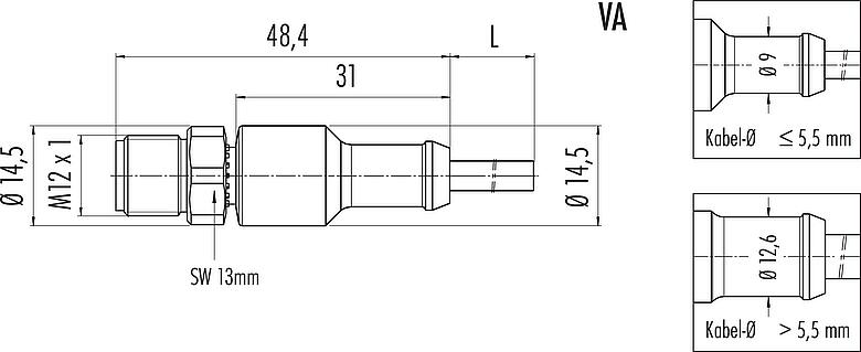 Maßzeichnung M12 Kabelstecker, Polzahl: 12, ungeschirmt, am Kabel angespritzt, IP67/IP69K, UL 2238, PUR, schwarz, 12 x 0,25 mm², 10 m