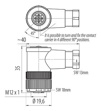 스케일 드로잉 99 0430 20 04 - M12 각진 소켓, 콘택트 렌즈: 4, 4.0-6.0mm, 차폐되지 않음, 나사 클램프, IP67, UL