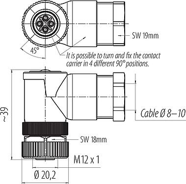 Disegno in scala M12 Connettore angolare femmin, Numero poli: 3+PE, 8,0-10,0 mm, non schermato, morsetto a vite, IP67, UL 2238, VDE