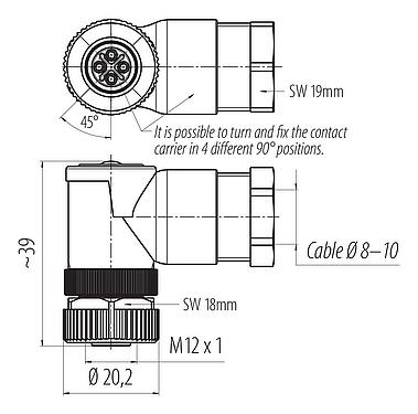 Rysunek z wymiarami M12 Zeńskie złącze kablowe kątowe, Kontaktów: 3+PE, 8,0-10,0 mm, nieekranowany, zacisk śrubowy, IP67, UL 2238, VDE