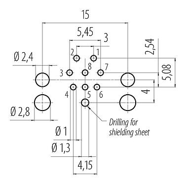 Layout dos condutores 99 3481 601 08 - M12 Bujão flangeado, angular, Contatos: 8, blindável, THR, IP68, UL, para montagem de placas de circuito impresso