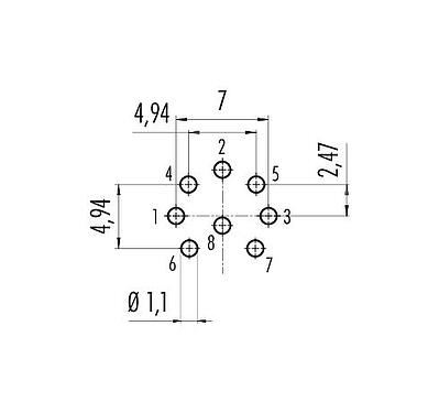Leiterplattenlayout M16 Flanschdose, Polzahl: 8 (08-a), ungeschirmt, THT, IP40, M18x0,75, Rückwandmontage