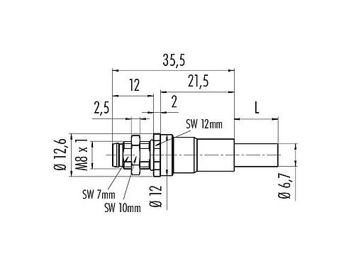 Dessin coté M8 Embase mâle, Contacts: 4, blindé, assemblés avec câble, IP67, M8x1,0, Ethernet, PUR, vert, 4 x AWG 22, Montage mural arrière, 0,5 m