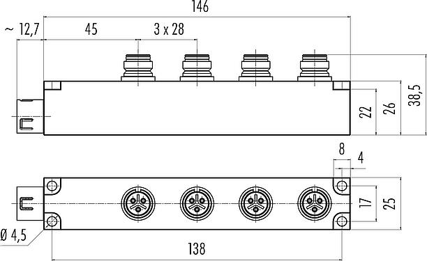 縮尺図 スナップイン 4ウェイディストリビューター, 極数: 5, 非シールド, プラグイン可能, IP67