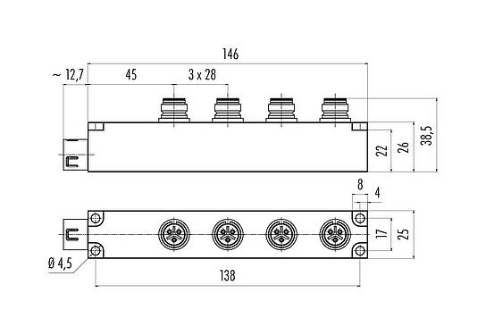 Méretarányos rajz Snap-In 4 utas elosztó, : 3, árnyékolatlan, csatlakoztatható, IP67
