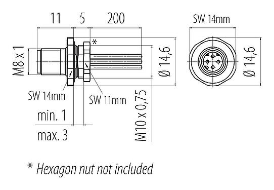 Méretarányos rajz M8 panelre szerelhető csatlakozó, : 4, árnyékolatlan, sodrott vezeték, IP67, M8x1,0, elülső rögzítés