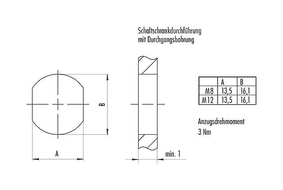 Montageanleitung / Montageausschnitt M12 Schaltschrankdurchführung, Polzahl: 5, geschirmt, steckbar, IP67, UL 2238, M12x1,0, Rückwandmontage