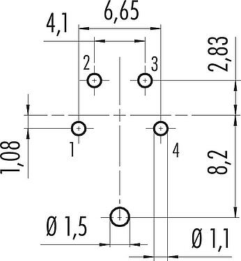 Conductor layout M16 Female panel mount connector, Contacts: 4 (04-a), shieldable, THT, IP40, M18x0,75, Rear mounting