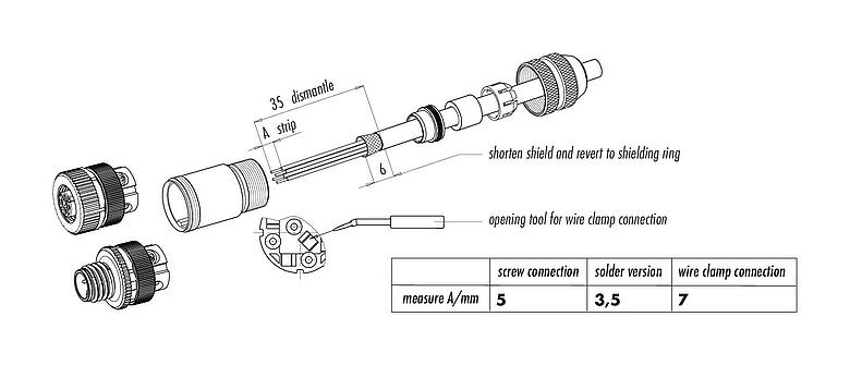 Assembly instructions M12 Female cable connector, Contacts: 8, 4.0-6.0 mm, shieldable, screw clamp, IP67, with shielding ring