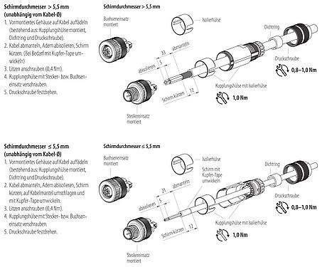 Montageanleitung M12 Kabelstecker, Polzahl: 5, 8,0-9,0 mm, schirmbar, schraubklemm, IP67, UL 2238, Irisfeder