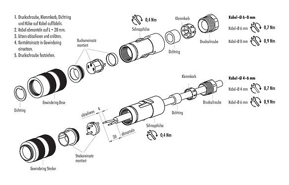 Montageanleitung M16 Kabelstecker, Polzahl: 2 (02-a), 4,0-6,0 mm, ungeschirmt, löten, IP67