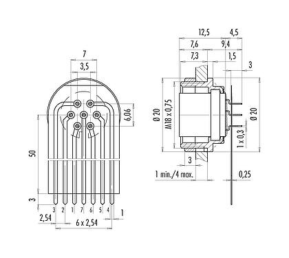 Anschluss & Maße
M16 Soquete de flange, Contatos: 7 (07-a), desprotegido, THT, IP40, M18x0,75, Montagem no painel traseiro