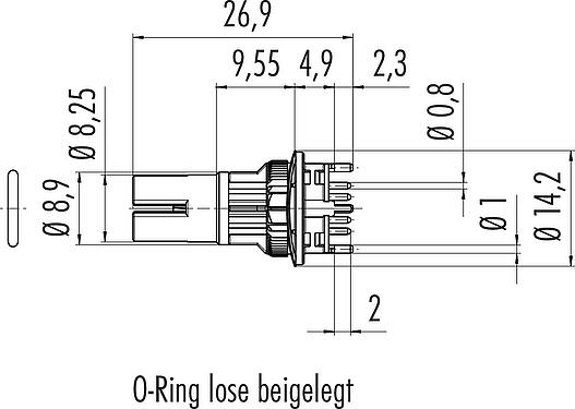 Maßzeichnung M12 Kontakteinsatz, Polzahl: 8, schirmbar, THT, IP67, UL