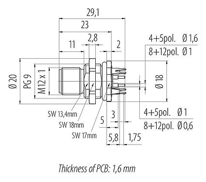 Méretarányos rajz M12 panelre szerelhető csatlakozó, : 5, árnyékolható, THT, IP68, UL 2238, PG 9, hátsó panel felszerelés