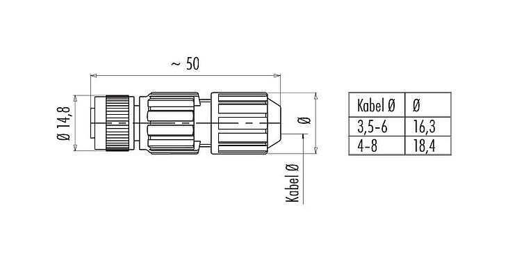 Maßzeichnung M12 Kabeldose, Polzahl: 4, 4,0-8,0 mm, ungeschirmt, IDC, IP67