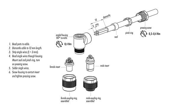 Assembly instructions M9 Male angled connector, Contacts: 4, 3.5-5.0 mm, unshielded, solder, IP67