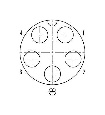 Polbild (Steckseite) Bajonett Kabeldose, Polzahl: 4+PE, ungeschirmt, schraubklemm, IP67, UL 2238 (in Vorbereitung), UV-Beständig