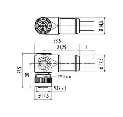 Méretarányos rajz M12 derékszögű aljzat, : 5, árnyékolt, kábelre öntött, IP68, UL 2238, CAN busz, PUR, lila, 1 x 2 x AWG 22 + 1 x 2 x AWG 24, 10 m