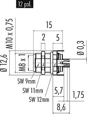 스케일 드로잉 M8 Female panel mount connector, Contacts: 12, shieldable, THT, IP67/IP69K, UL 2238, M10x0.75, Rear mounting, potted