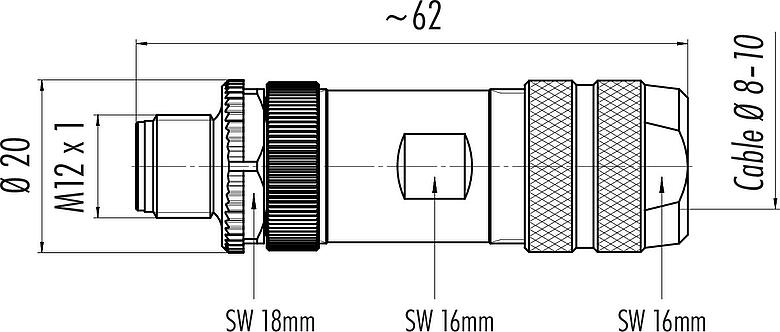 스케일 드로잉 M12 케이블 커넥터, 콘택트 렌즈: 8, 8.0-10.0mm, 차폐 가능, 나사 클램프, IP67, UL 2238, 차폐 링 포함