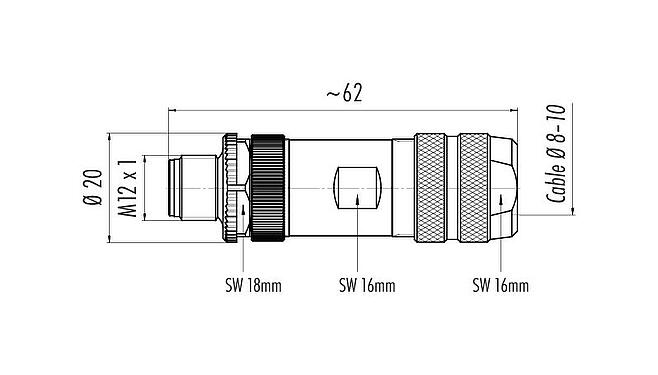 比例圖 M12 直頭針頭電纜連接器, : 5, 8.0-10.0mm, 可接遮罩, 螺釘接線, IP67, UL 2238, 附防護環