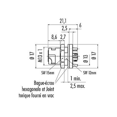 Dessin coté Baïonnette Embase femelle, Contacts: 5, non blindé, souder, IP54 débranché, M13x1,0, Montage mural arrière