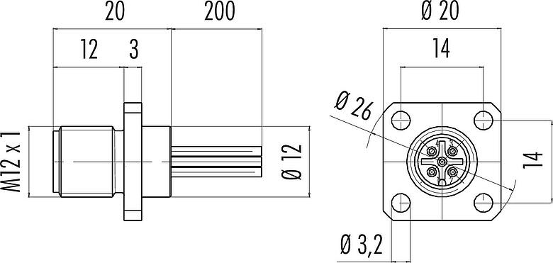 比例图 M12 针头方型法兰座, 极数: 8, 非屏蔽, 带导线, IP40, UL 2238, M3 (4x), 板前安装, 模压成型
