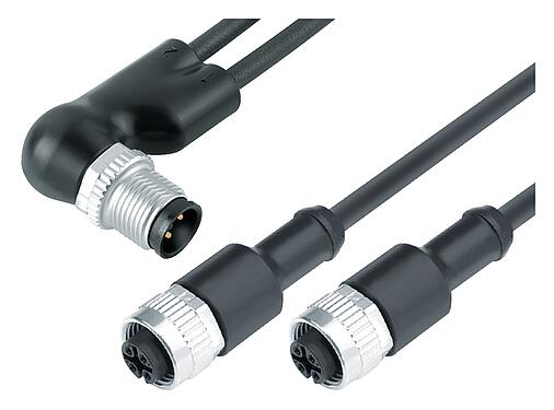 Abbildung M12 Kabelsplitter Winkelstecker - 2 Kabeldosen, Polzahl: 4/3, ungeschirmt, am Kabel angespritzt, IP67, UL 2238, PUR, schwarz, 3 x 0,34 mm², 1 m