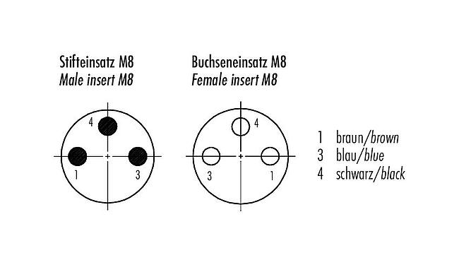 Disposition des contacts (Côté plug-in) M8 Câble de raccordement connecteur mâle - connecteur femelle coudé avec LED, Contacts: 3, non blindé, surmoulé sur le câble, IP67/IP69K, UL 2238, PUR, noir, 3 x 0,34 mm², avec LED, PNP, 1 m