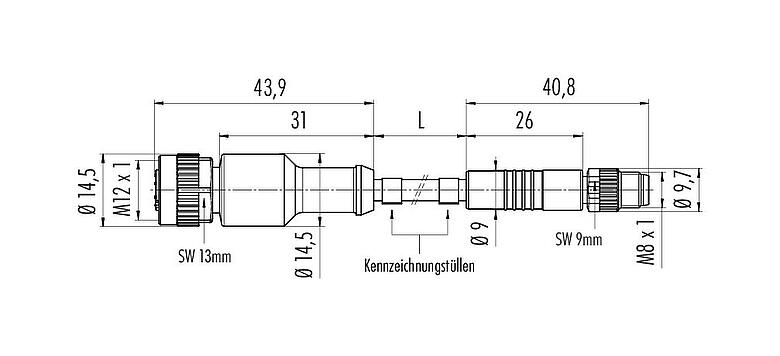 Maßzeichnung M12/M8 Kabeldose - Kabelstecker, Polzahl: 3, ungeschirmt, am Kabel angespritzt, IP67/IP69K, UL 2238, PUR, schwarz, 3 x 0,34 mm², 2 m