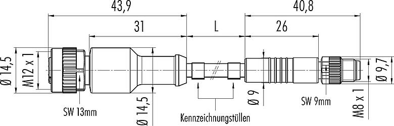 Maßzeichnung M12/M8 Kabeldose - Kabelstecker, Polzahl: 3, ungeschirmt, am Kabel angespritzt, IP67/IP69K, UL 2238, PUR, schwarz, 3 x 0,34 mm², 2 m