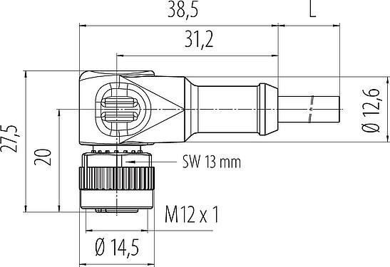 Desenho da escala M12 Tomada angular, Contatos: 4, desprotegido, moldado no cabo, IP68/IP69K, UL 2238, PVC, cinza, 4 x 0,34 mm², com LED PNP, 2 m