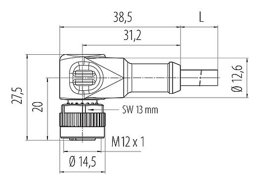 Výkres v měřítku M12 Úhlový box, : 4, nestíněný, vylisované na kabelu, IP68/IP69K, UL 2238, PUR, černá, 4 x 0,34 mm², s LED PNP, 2 m