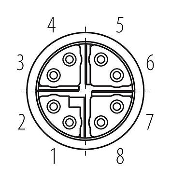 Polbild (Steckseite) M12 Flanschdose, Polzahl: 8, schirmbar, SMT, IP68, M14x1,0, Rückwandmontage