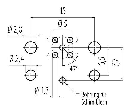Leiterplattenlayout M12 Flanschdose, Polzahl: 5, ungeschirmt, THR, IP68, UL 2238, M12x1,0, Rückwandmontage, zweiteilige Ausführung