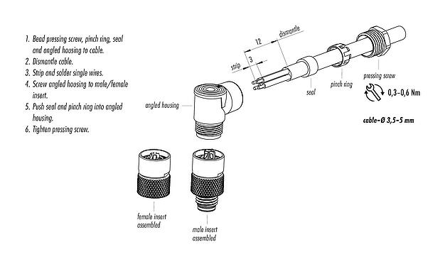 Instructions de montage M8 Connecteur mâle coudé, Contacts: 4, 3,5-5,0 mm, non blindé, souder, IP67, UL 2238
