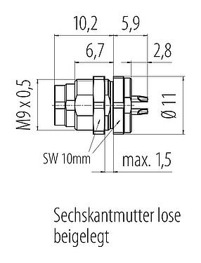 Maßzeichnung M9 Flanschstecker, Polzahl: 4, ungeschirmt, löten, IP40, M9x0,5, Rückwandmontage