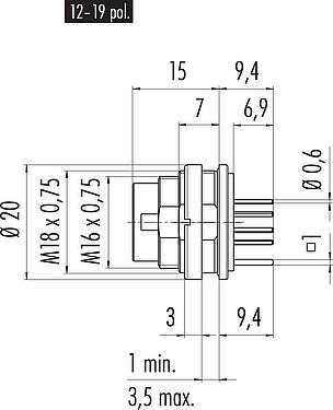 Dessin coté M16 Embase mâle, Contacts: 19 (19-a), blindable, THT, IP67, UL 2238, M18x0,75, Montage mural arrière