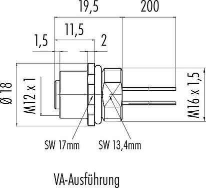 Maßzeichnung M12 Flanschdose, Polzahl: 5, ungeschirmt, Litzen, IP68, UL 2238, M16x1,5, Frontmontage, Edelstahl, vergossen