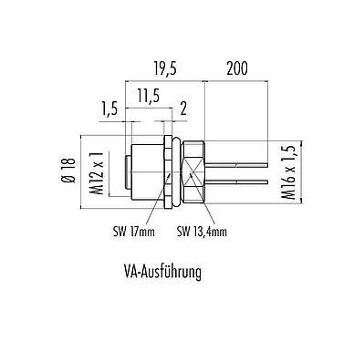 Maßzeichnung M12 Flanschdose, Polzahl: 4, ungeschirmt, Litzen, IP68, UL 2238, M16x1,5, Frontmontage, Edelstahl, vergossen