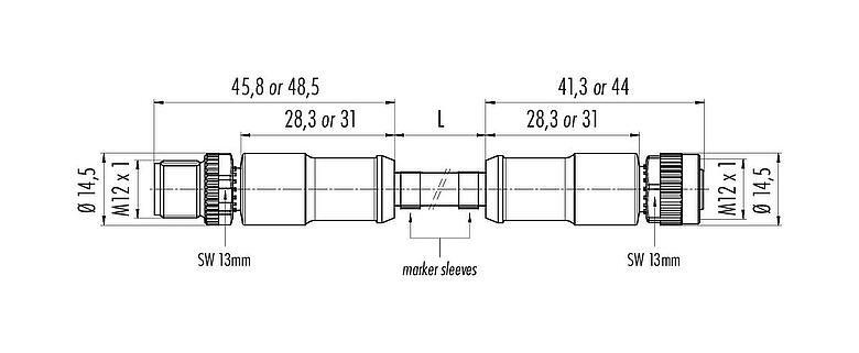 Scale drawing M12 Connecting cable male cable connector - female cable connector, Contacts: 8, unshielded, moulded on the cable, IP67/IP69K, UL 2238, PUR, black, 8 x 0.25 mm², 1 m