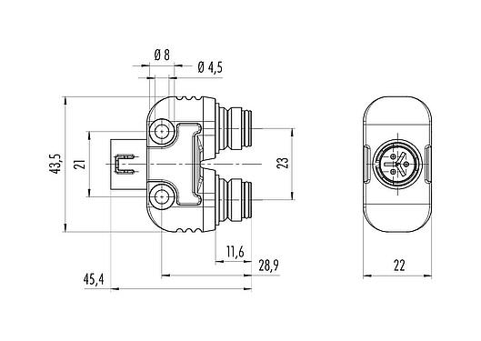 Scale drawing Snap-In Twin distributors, Y-distributor, Contacts: 5, unshielded, pluggable, IP67, UL 2238, VDE