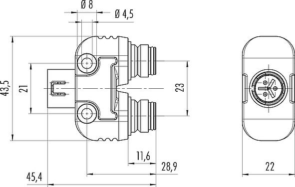 Scale drawing Snap-In Twin distributors, Y-distributor, Contacts: 5, unshielded, pluggable, IP67, UL 2238, VDE